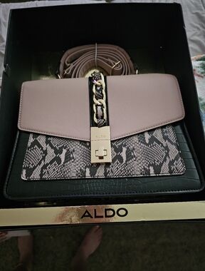 ALDO Pink & Black Crossbody Bag with Chain and Snake-Print Panel